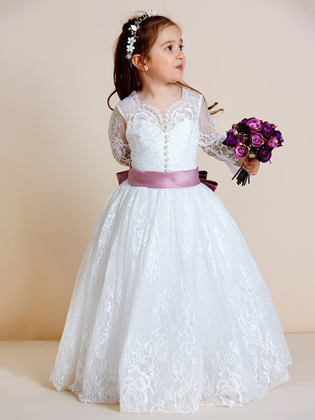 Long Sleeve V Neck Ball Gown with Lace Tulle Ribbon Bow and Lace Sash for Flower Girl Dress-BallBride
