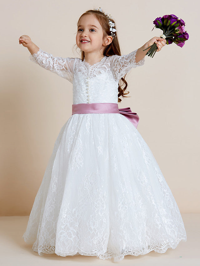Long Sleeve V Neck Ball Gown with Lace Tulle Ribbon Bow and Lace Sash for Flower Girl Dress-BallBride