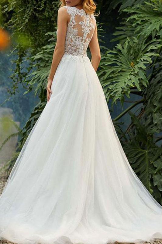 Long Sleeveless Tulle Lace Wedding Dress-BallBride