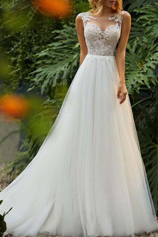 Long Sleeveless Tulle Lace Wedding Dress-BallBride