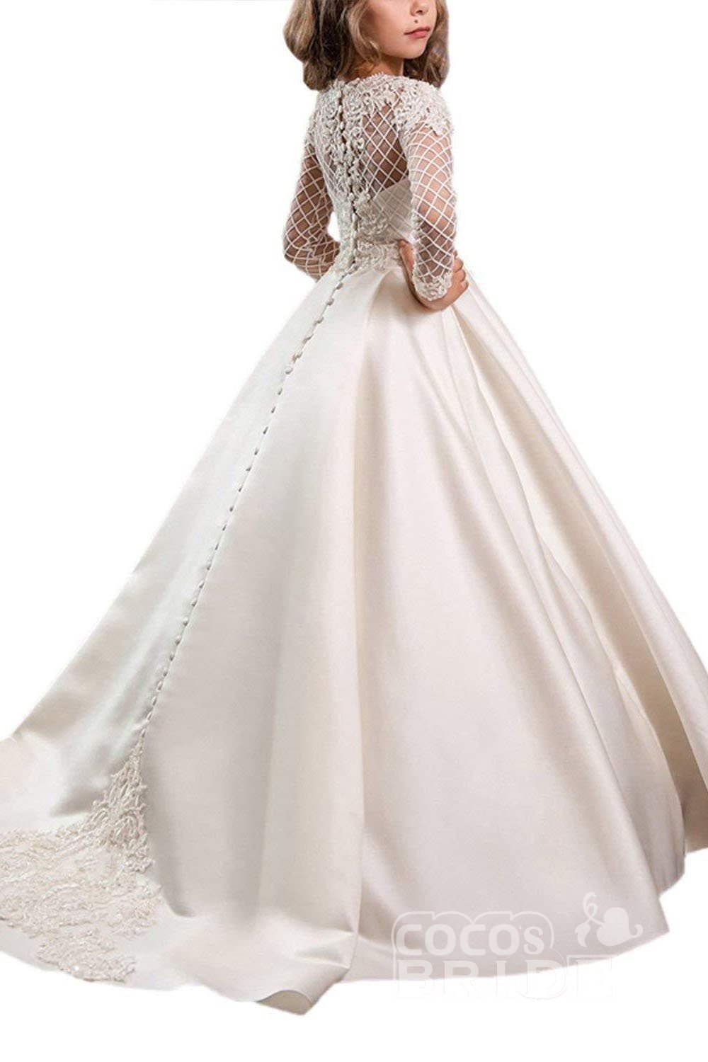 Long Sleeves Ball Gown Dress with Lace Buttons for White Scoop Neck Flower Girls-BallBride