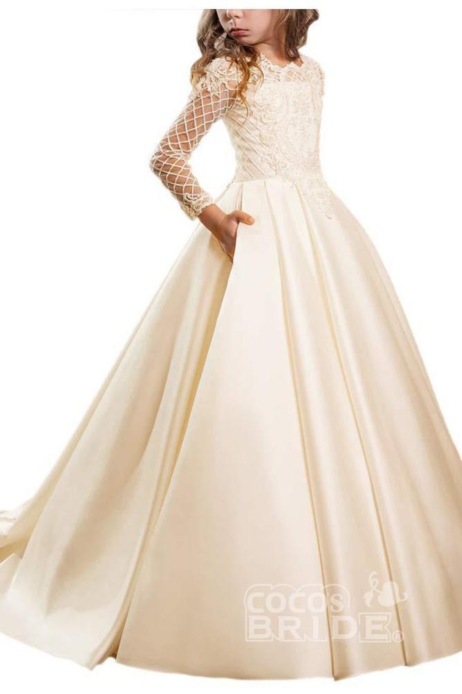 Long Sleeves Ball Gown Dress with Lace Buttons for White Scoop Neck Flower Girls-BallBride