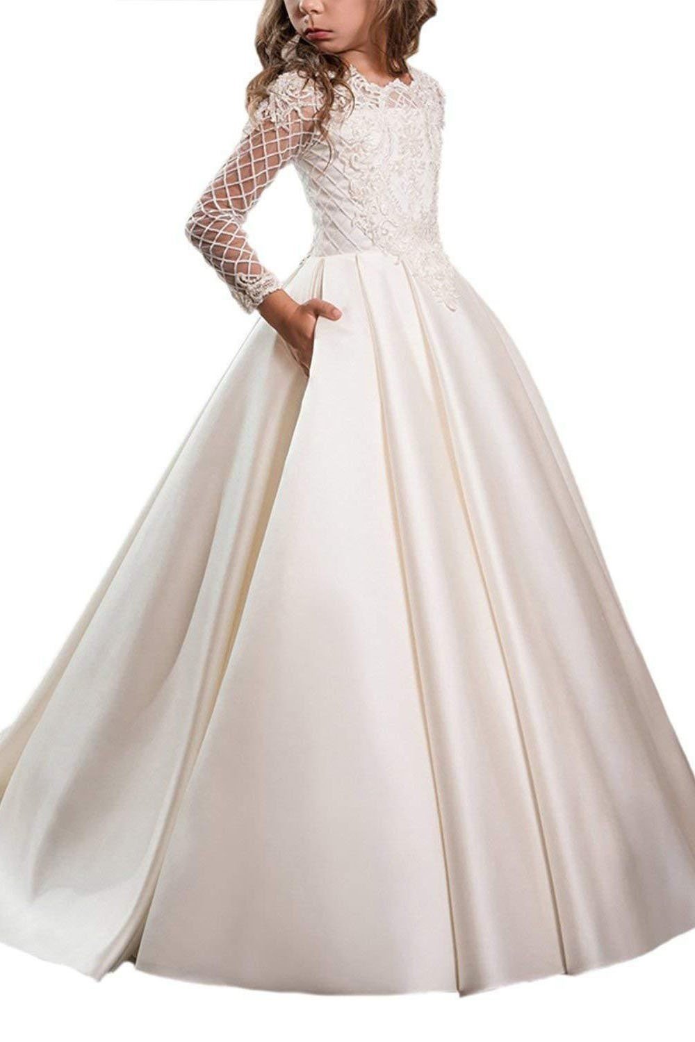 Long Sleeves Ball Gown Dress with Lace Buttons for White Scoop Neck Flower Girls-BallBride