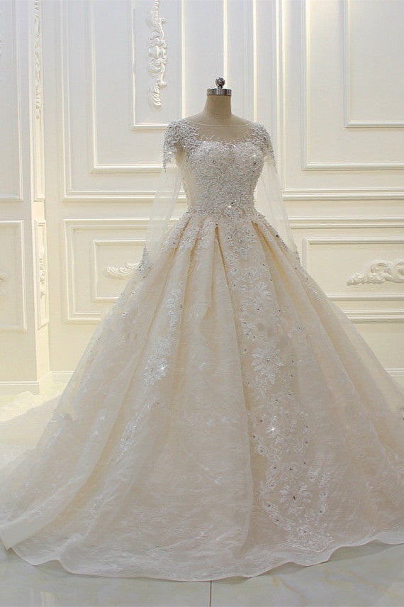 Long Sleeves Ball Gown Wedding Dress with Beading & Lace Appliques-BallBride