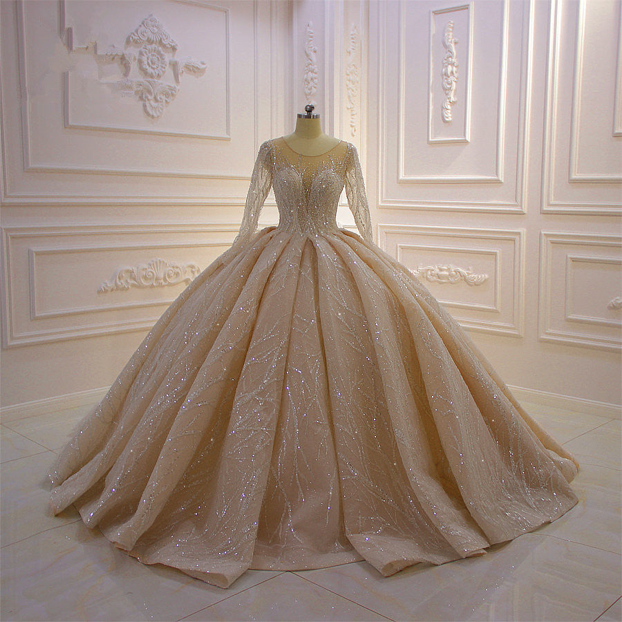 Long Sleeves Ball Gown Wedding Dress with Ruffles - Amazing Bateau-BallBride