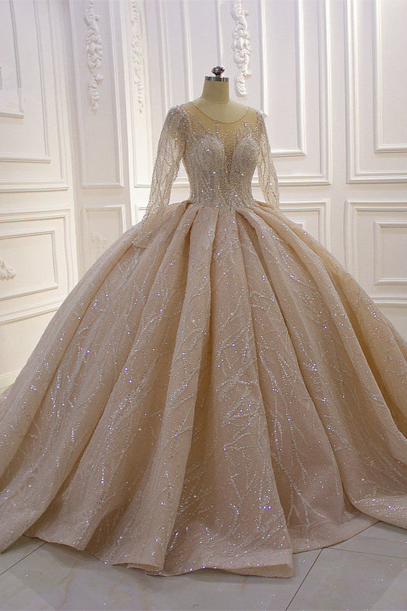 Long Sleeves Ball Gown Wedding Dress with Ruffles - Amazing Bateau-BallBride
