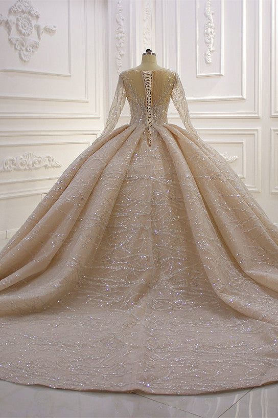 Long Sleeves Ball Gown Wedding Dress with Ruffles - Amazing Bateau-BallBride