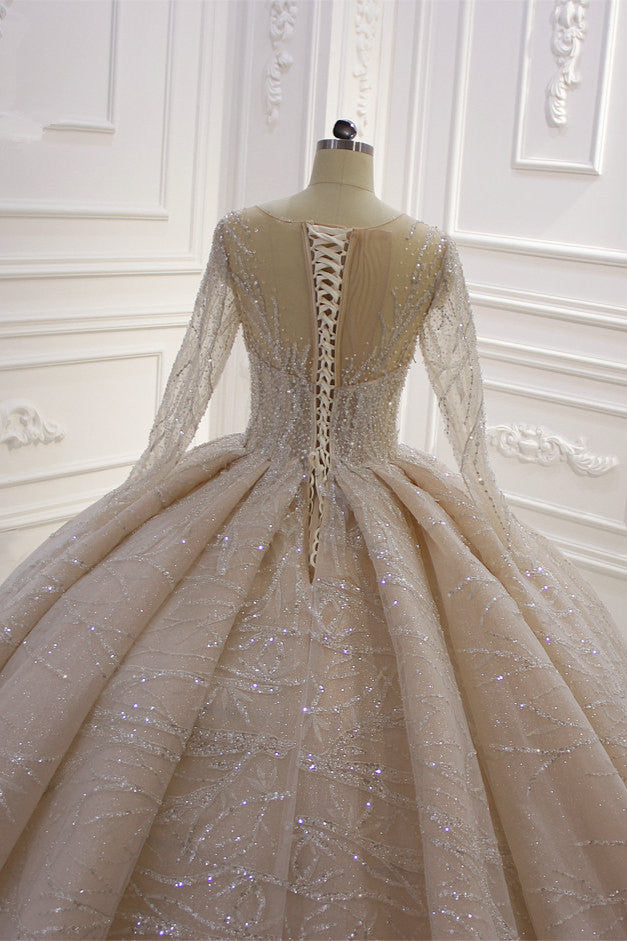 Long Sleeves Ball Gown Wedding Dress with Ruffles - Amazing Bateau-BallBride