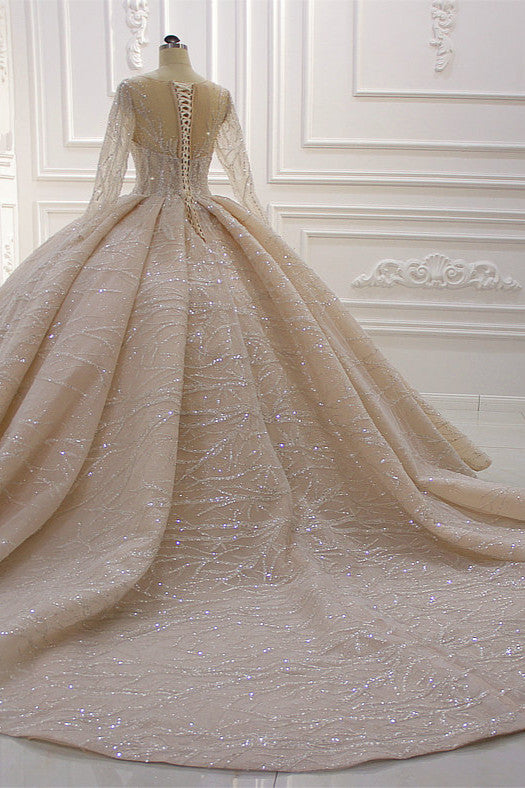 Long Sleeves Ball Gown Wedding Dress with Ruffles - Amazing Bateau-BallBride