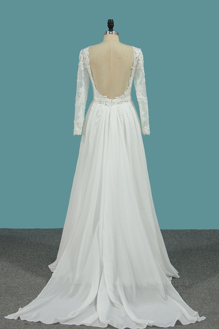 Long Sleeves Bateau Chiffon Wedding Dress With Ruffles-BallBride