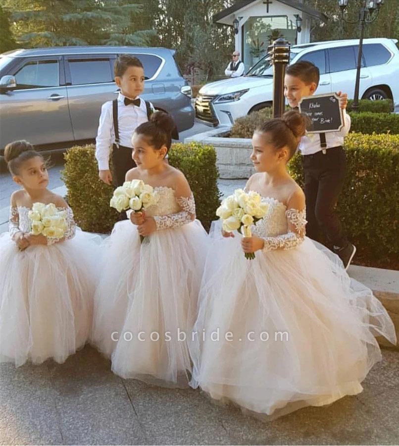 Long Sleeves Boho Ball Gown Flower Girl Dress with Lace Tulle-BallBride