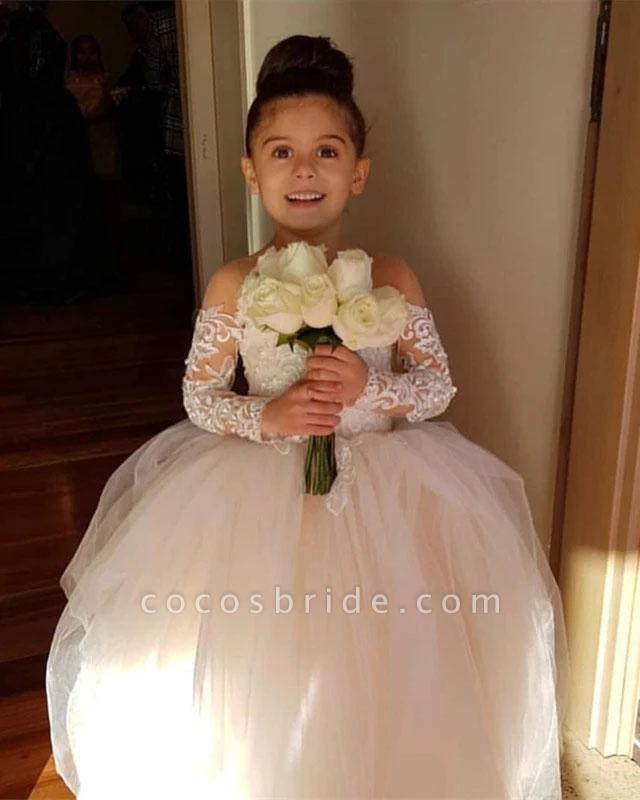 Long Sleeves Boho Ball Gown Flower Girl Dress with Lace Tulle-BallBride
