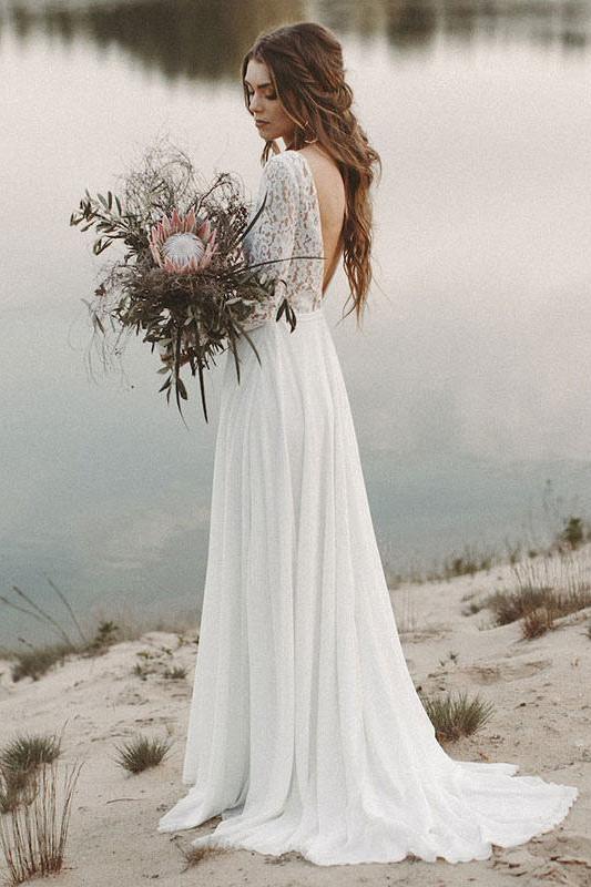 Long Sleeves Boho Lace Wedding Dress-BallBride