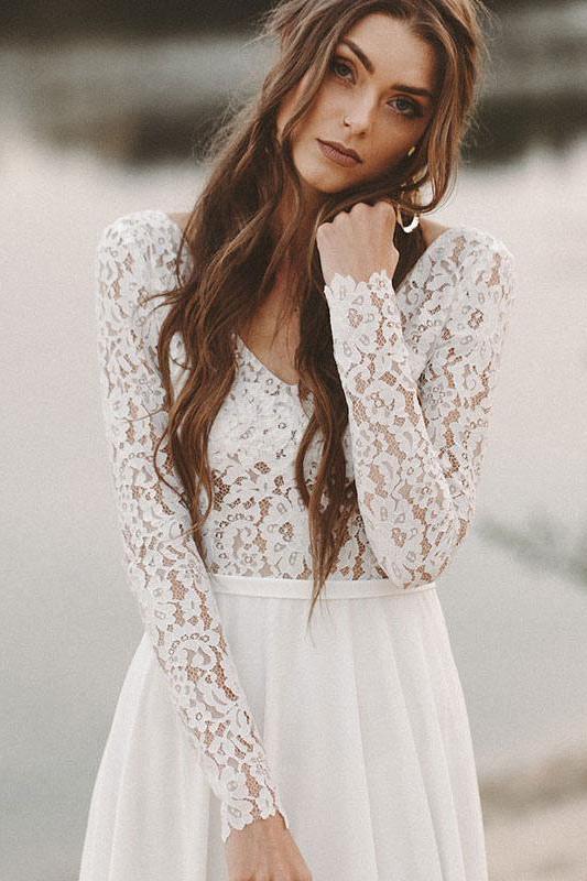 Long Sleeves Boho Lace Wedding Dress-BallBride
