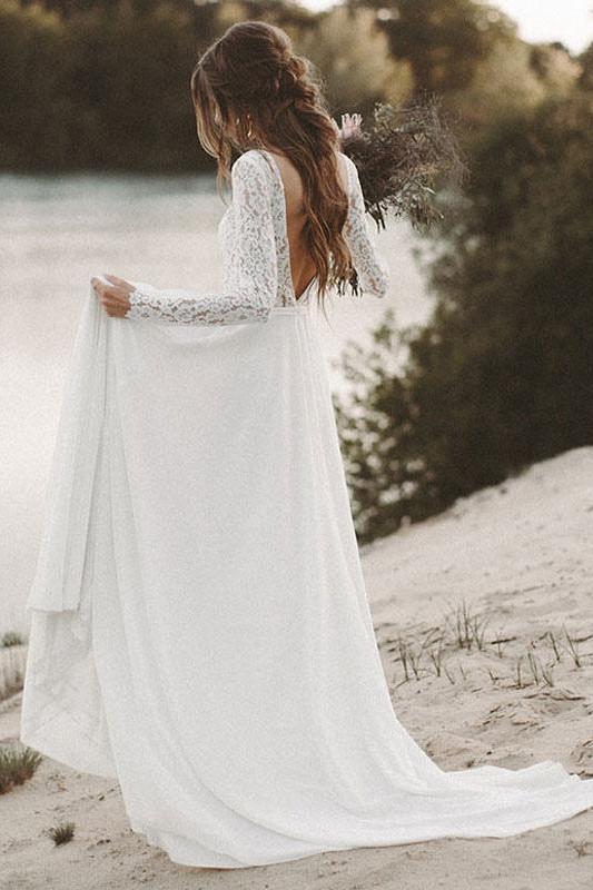 Long Sleeves Boho Lace Wedding Dress-BallBride