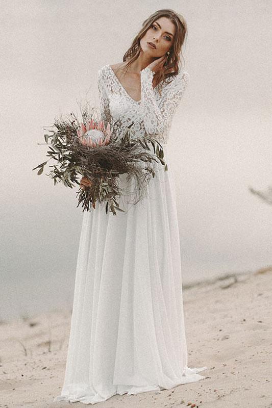 Long Sleeves Boho Lace Wedding Dress-BallBride