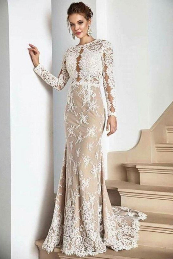Long sleeves Champange Princess Lace Floor length V-neck Wedding Dresses-BallBride
