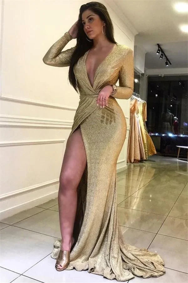 Long Sleeves Deep V-Neck Evening Party Dress With Slit-BallBride