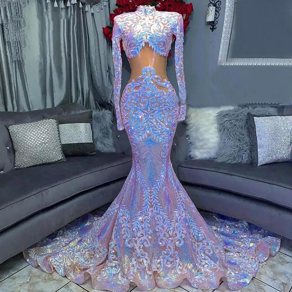 Long Sleeves High Neck Mermaid Prom Dress with Sequins Lace-BallBride