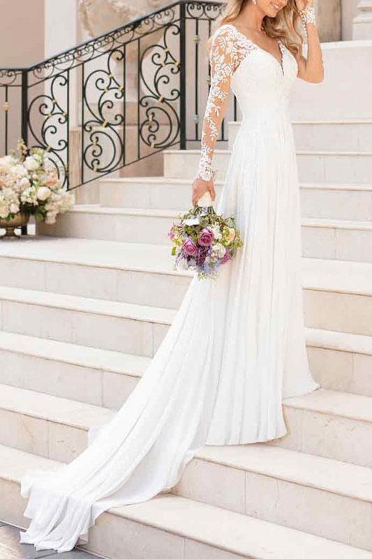 Long Sleeves Lace Tulle Wedding Dress-BallBride