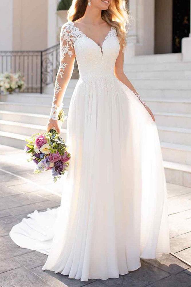 Long Sleeves Lace Tulle Wedding Dress-BallBride