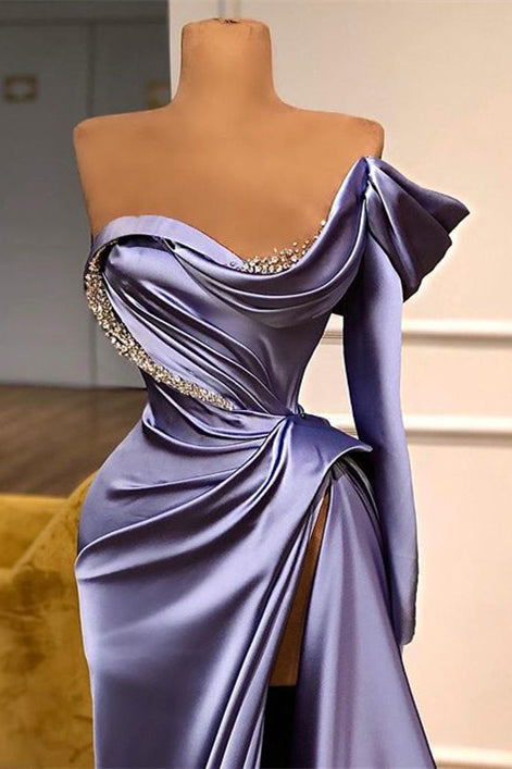 Long Sleeves Mermaid One Shoulder Satin Evening Prom Dress with Split-BallBride