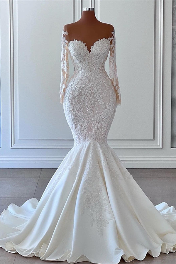 Long Sleeves Mermaid Sweetheart Wedding Dress with Applique-BallBride