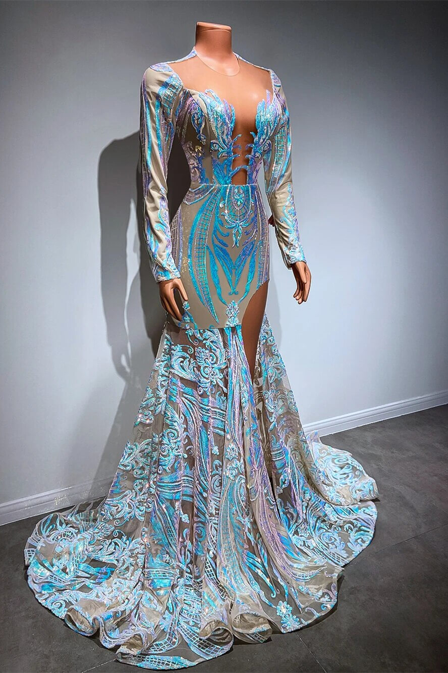 Long Sleeves Mermaid V-neck Sparkle Sequin High Split Prom Dresses-BallBride