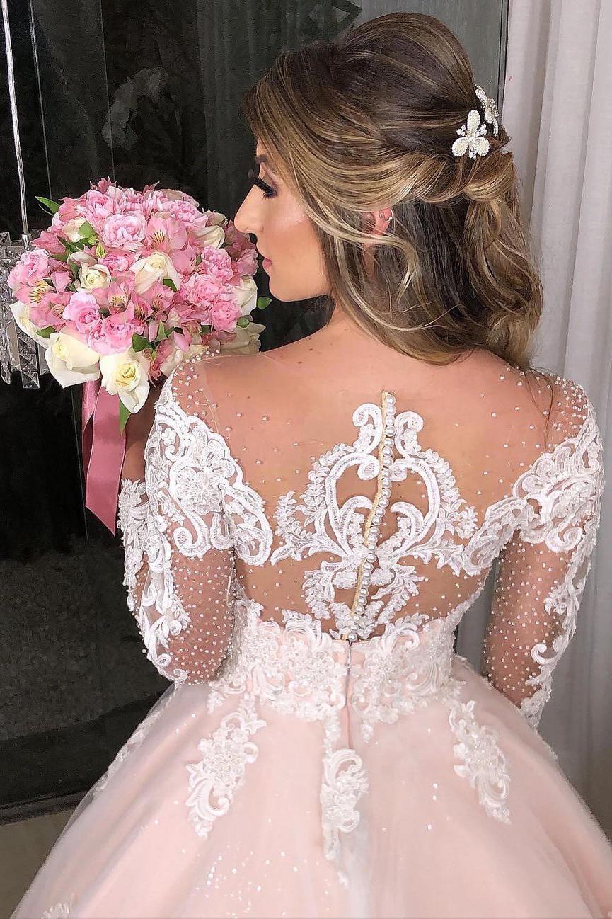 Long Sleeves Off-the-Shoulder Lace Applique Princess Tulle Floral Wedding Dress-BallBride