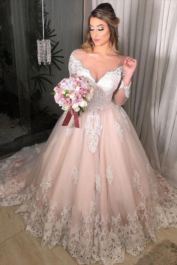 Long Sleeves Off-the-Shoulder Lace Applique Princess Tulle Floral Wedding Dress-BallBride