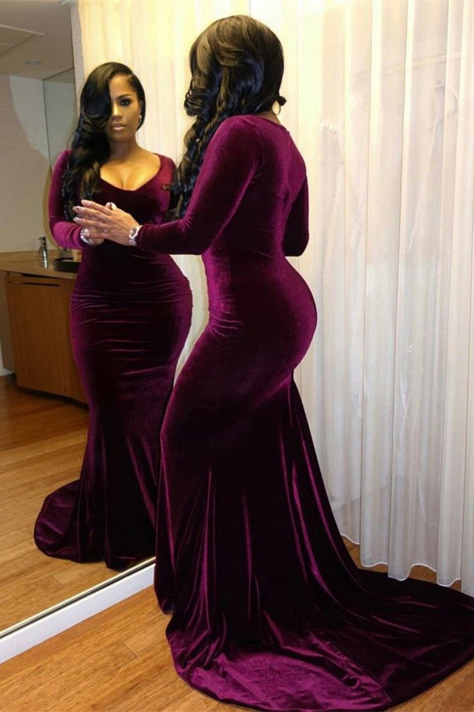 Long Sleeves Purple Evening Mermaid Prom Dress-BallBride