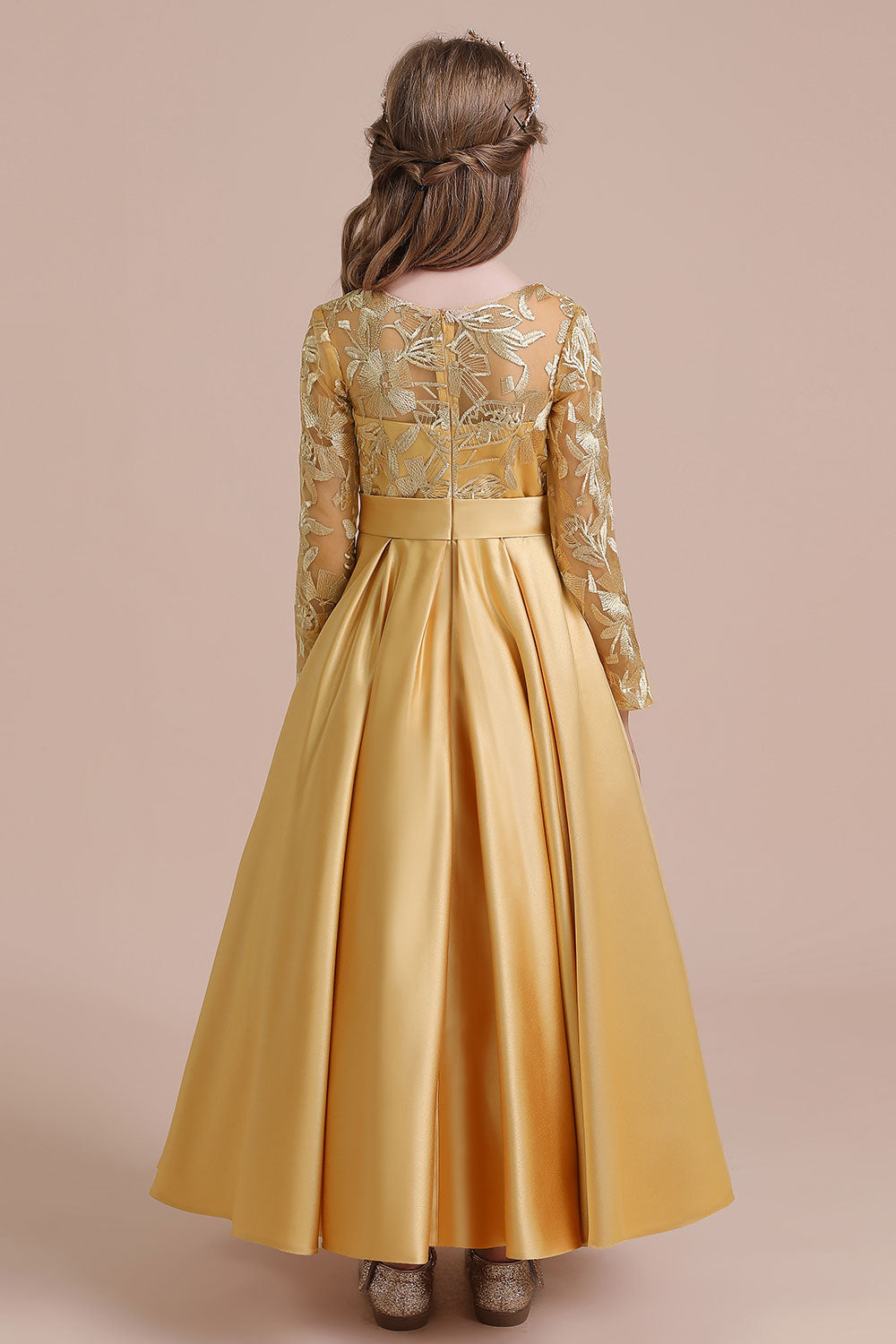 Long Sleeves Satin Flower Girl Dress for Ankle Length Look-BallBride