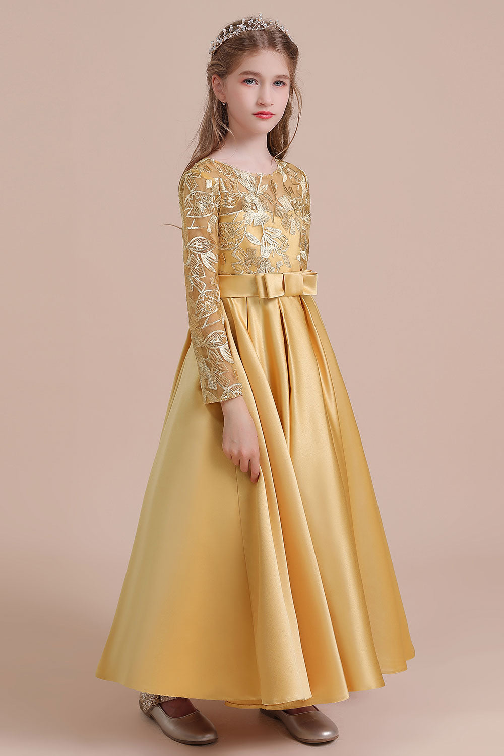Long Sleeves Satin Flower Girl Dress for Ankle Length Look-BallBride