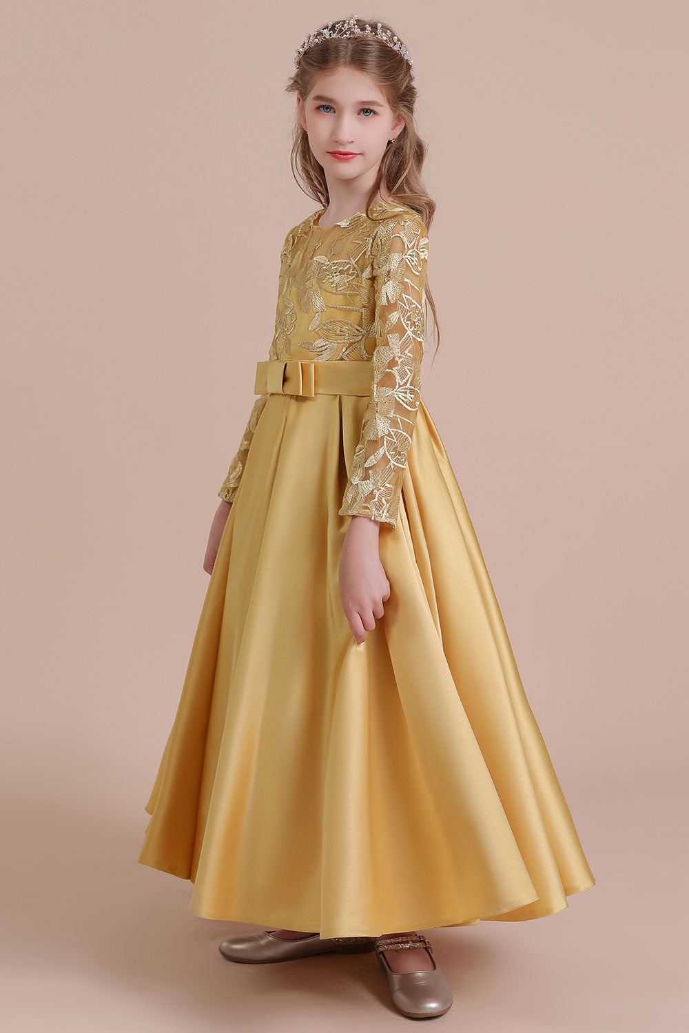 Long Sleeves Satin Flower Girl Dress for Ankle Length Look-BallBride