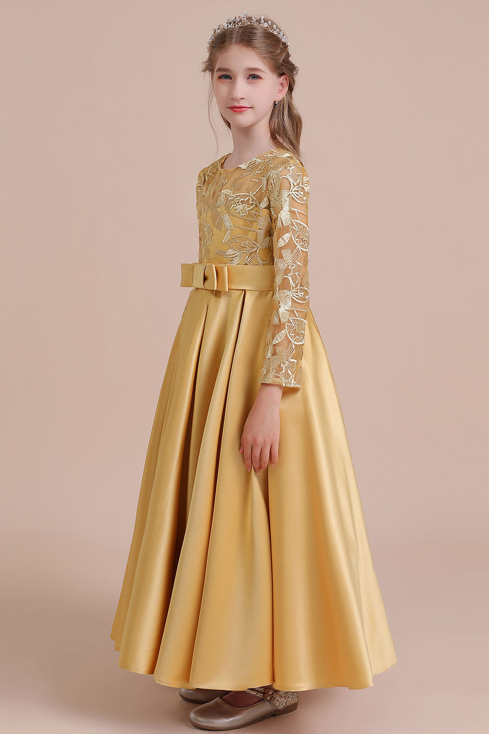 Long Sleeves Satin Flower Girl Dress for Ankle Length Look-BallBride