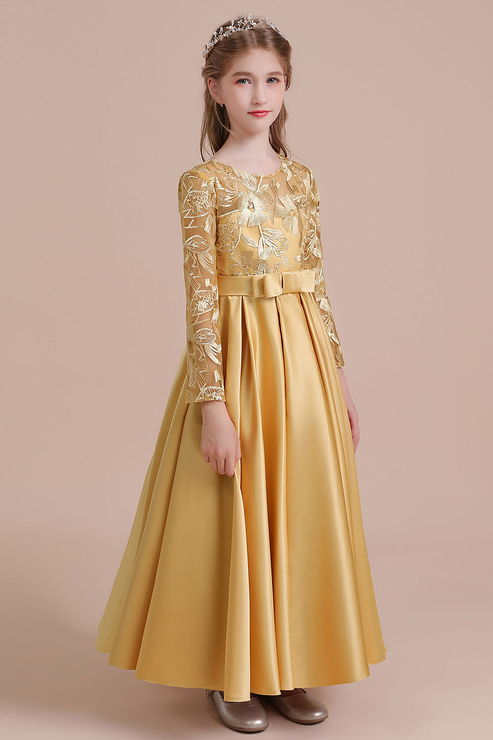 Long Sleeves Satin Flower Girl Dress for Ankle Length Look-BallBride