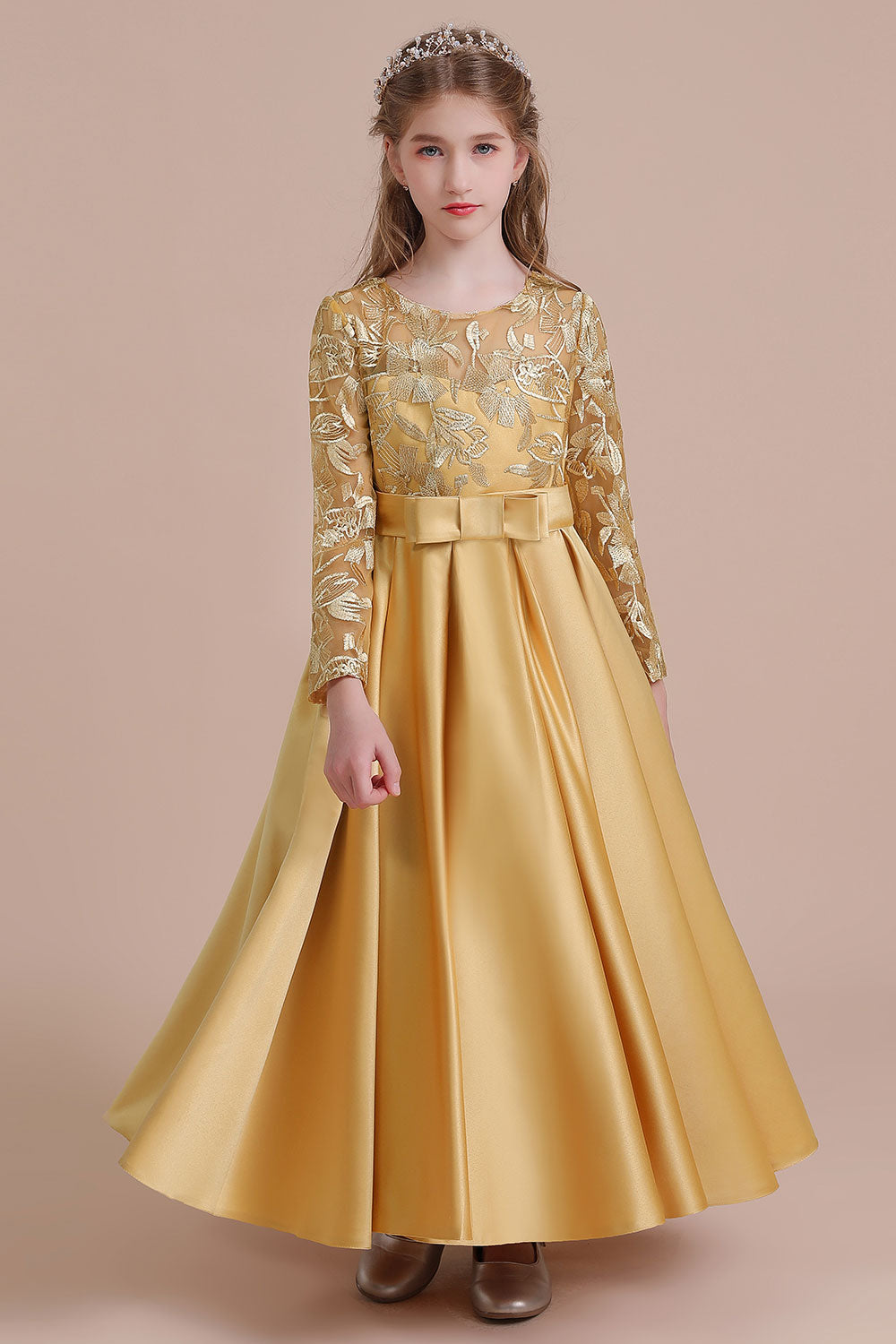Long Sleeves Satin Flower Girl Dress for Ankle Length Look-BallBride