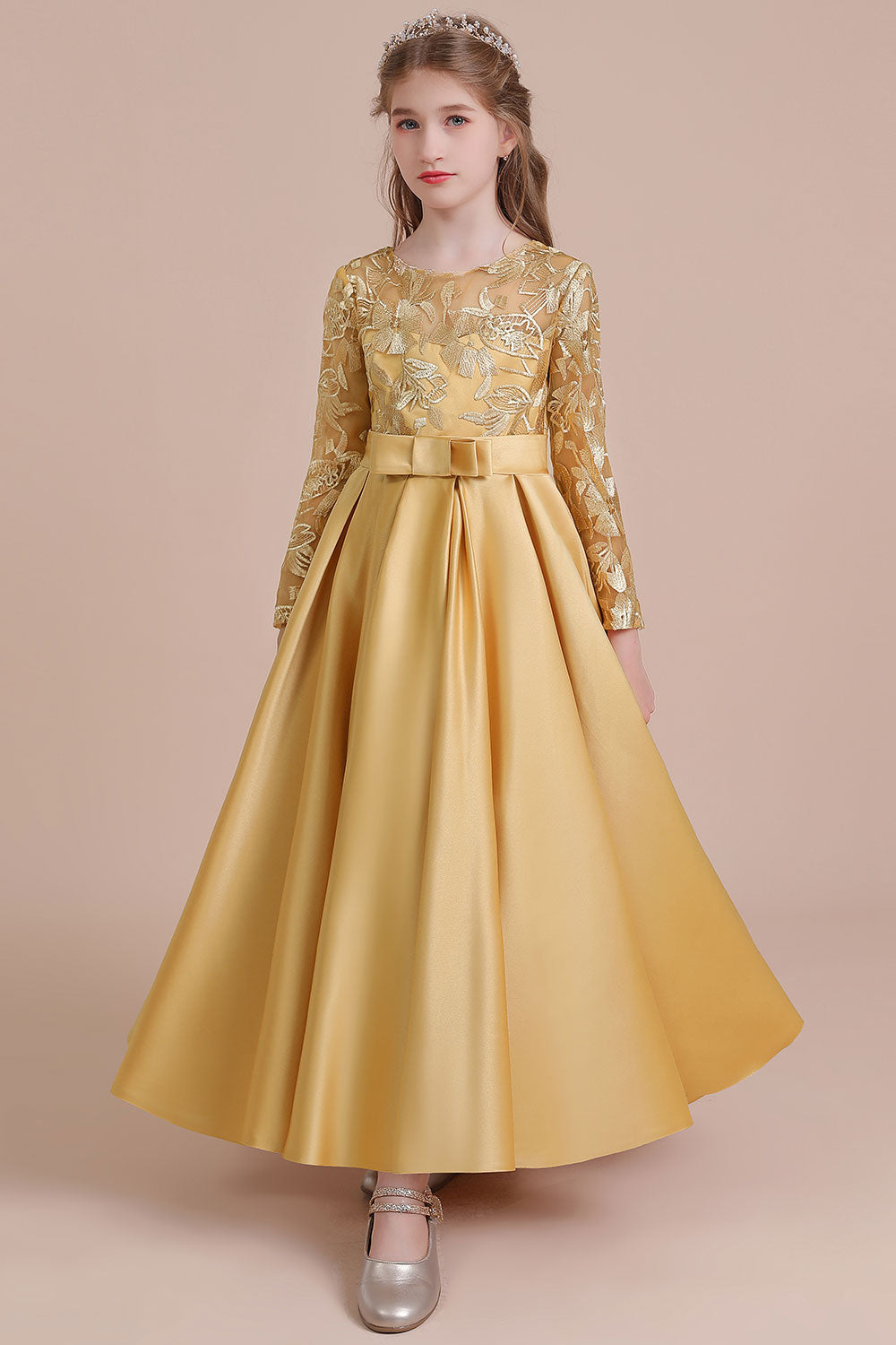 Long Sleeves Satin Flower Girl Dress for Ankle Length Look-BallBride