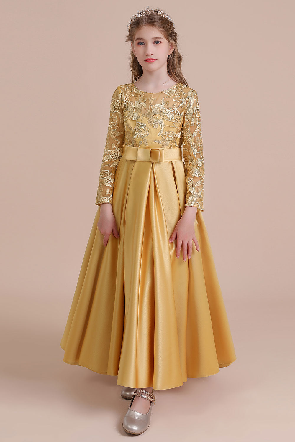 Long Sleeves Satin Flower Girl Dress for Ankle Length Look-BallBride