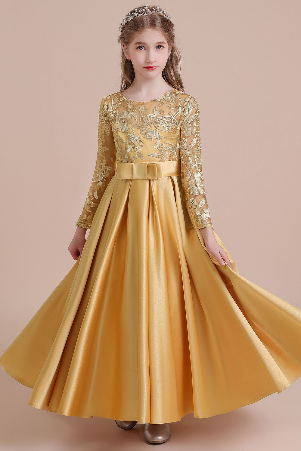 Long Sleeves Satin Flower Girl Dress for Ankle Length Look-BallBride
