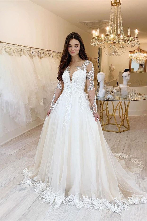 Long Sleeves Tulle Sweetheart Lace Wedding Dress-BallBride