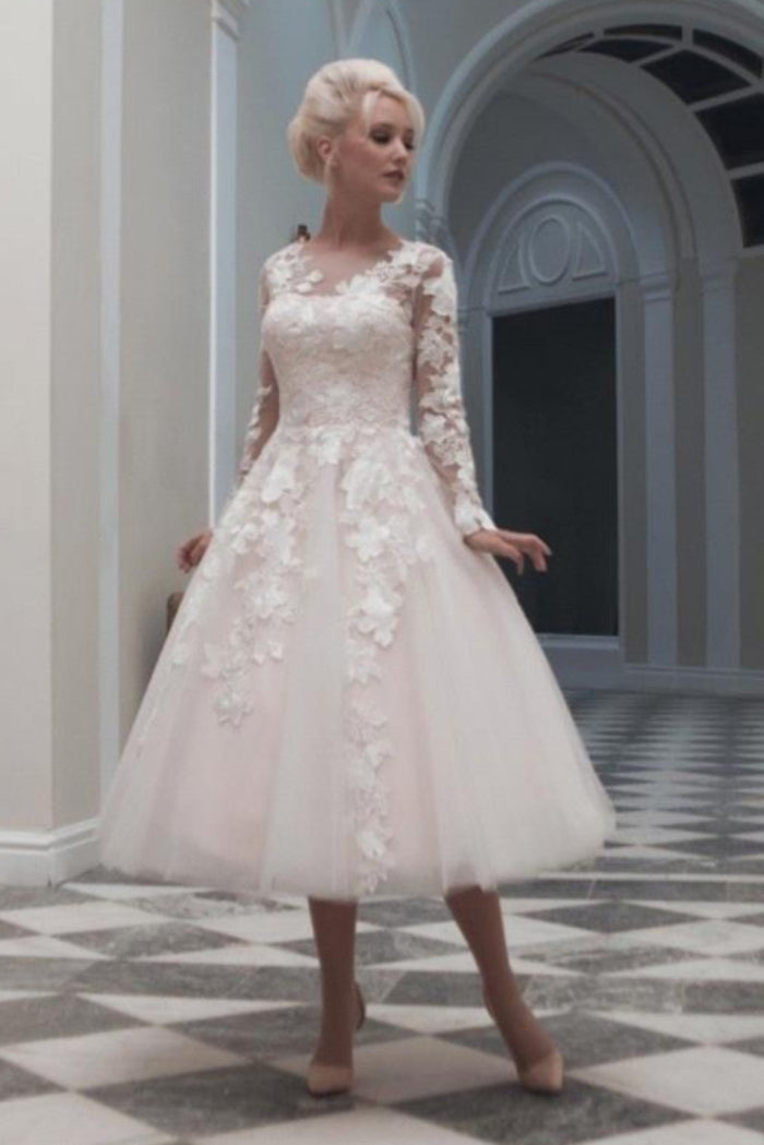 Long sleeves White Knee length Vintage Princess Wedding dresses-BallBride