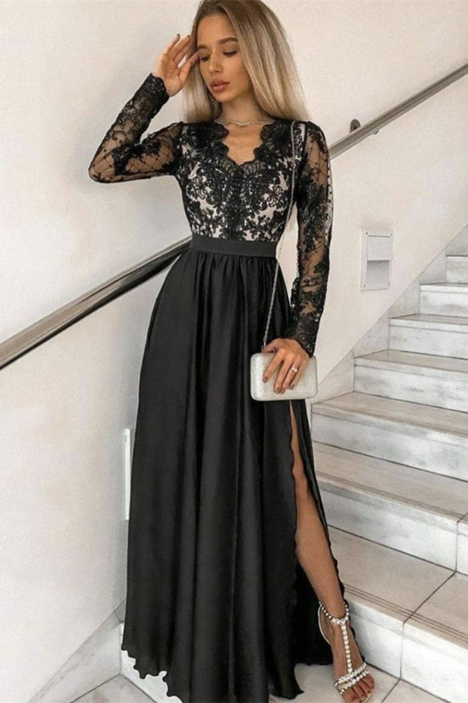 Long Sleevs Split Prom Black Dress-BallBride