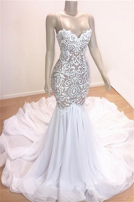 Long Spaghetti-Straps Wedding Dress With Lace for Mermaid Look-BallBride