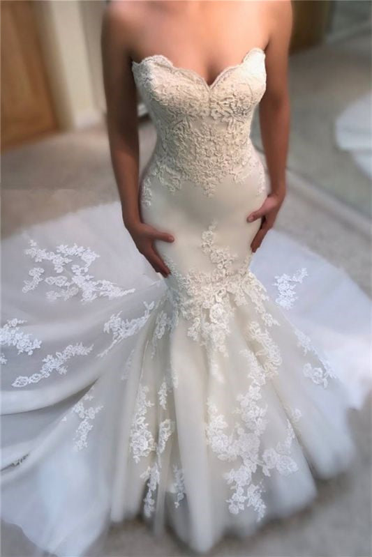 Long Sweetheart Mermaid Wedding Dress with Lace Appliques-BallBride