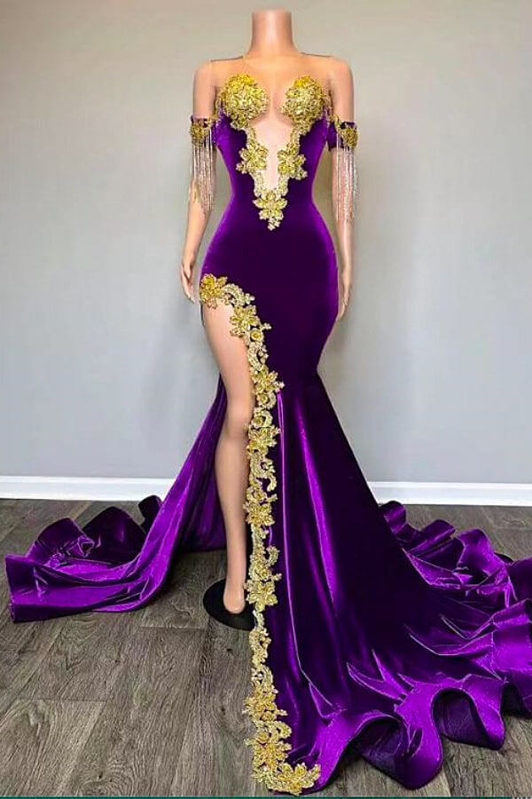 Long Velvet Mermaid Gold Appliques Prom Dresses with High Split-BallBride