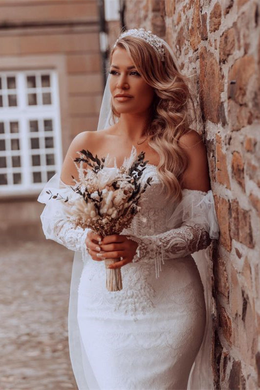 Long Wedding Dress with Lace and Sweetheart Mermaid Bubble Sleeves-BallBride