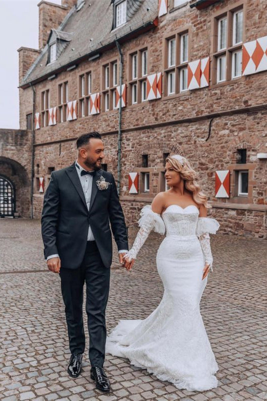 Long Wedding Dress with Lace and Sweetheart Mermaid Bubble Sleeves-BallBride