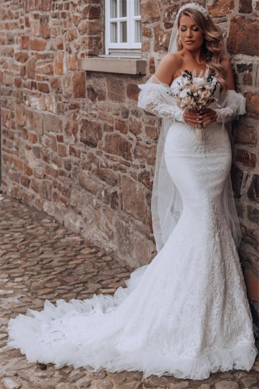 Long Wedding Dress with Lace and Sweetheart Mermaid Bubble Sleeves-BallBride