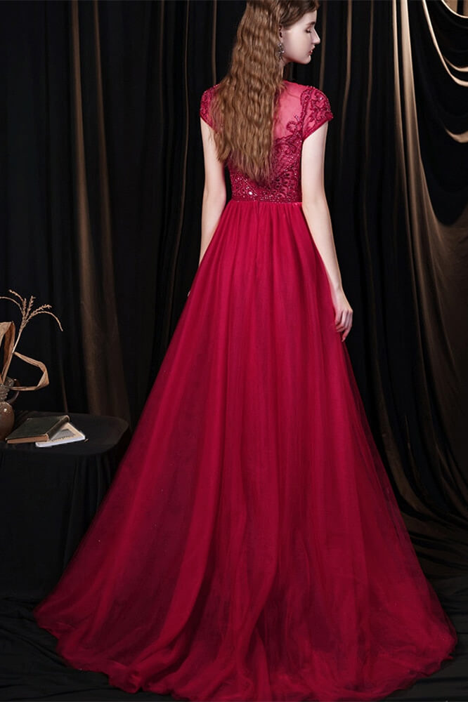 Look Amazing in this Burgundy Cap Sleeves Tulle Evening Gown with Beadings-BallBride